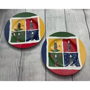 Two Vintage Vtg Gibson Brand Coca-Cola Melamine Plates, Coke Four Seasons